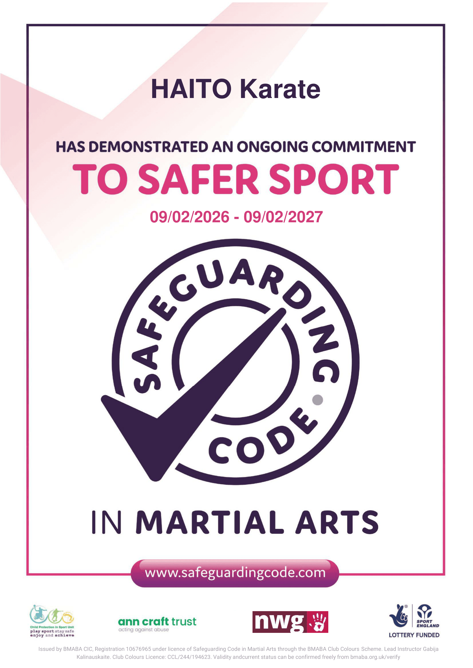 HAITO Karate Safeguarding Certificate