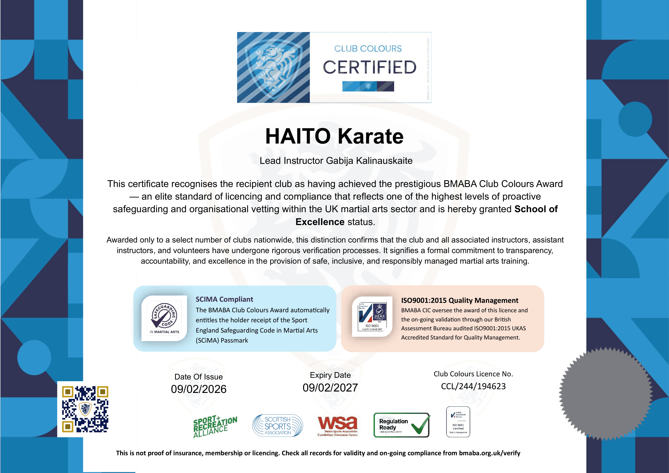 HAITO Karate Certificate